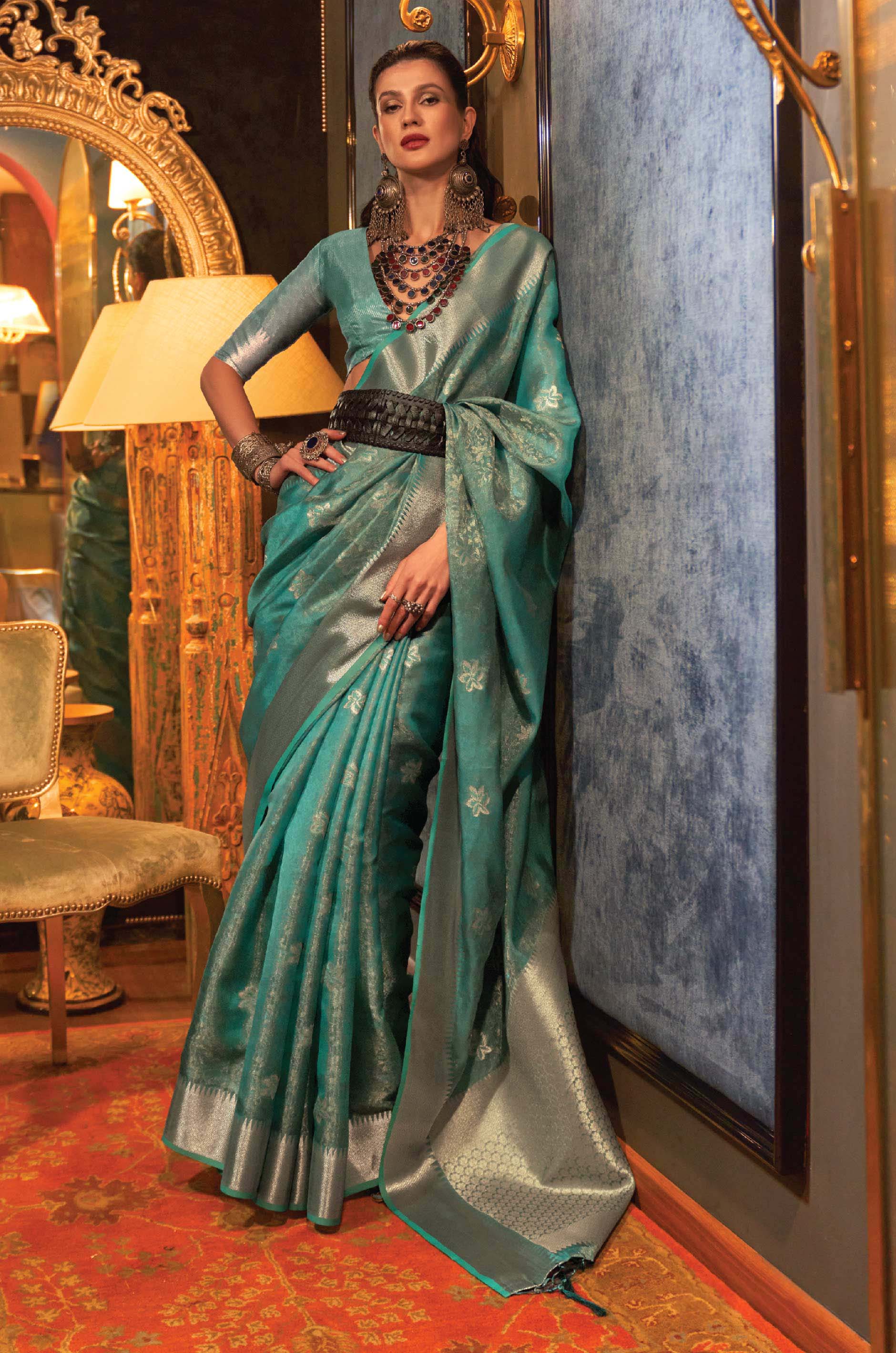Teal Green Floral Two Tone Woven Organza Saree