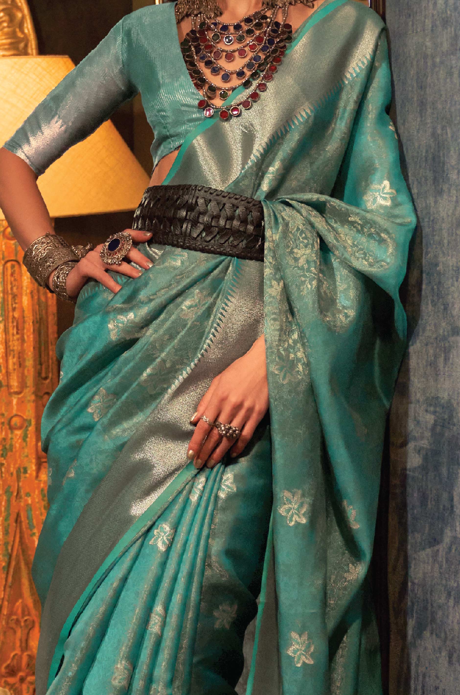 Teal Green Floral Two Tone Woven Organza Saree - Image 3