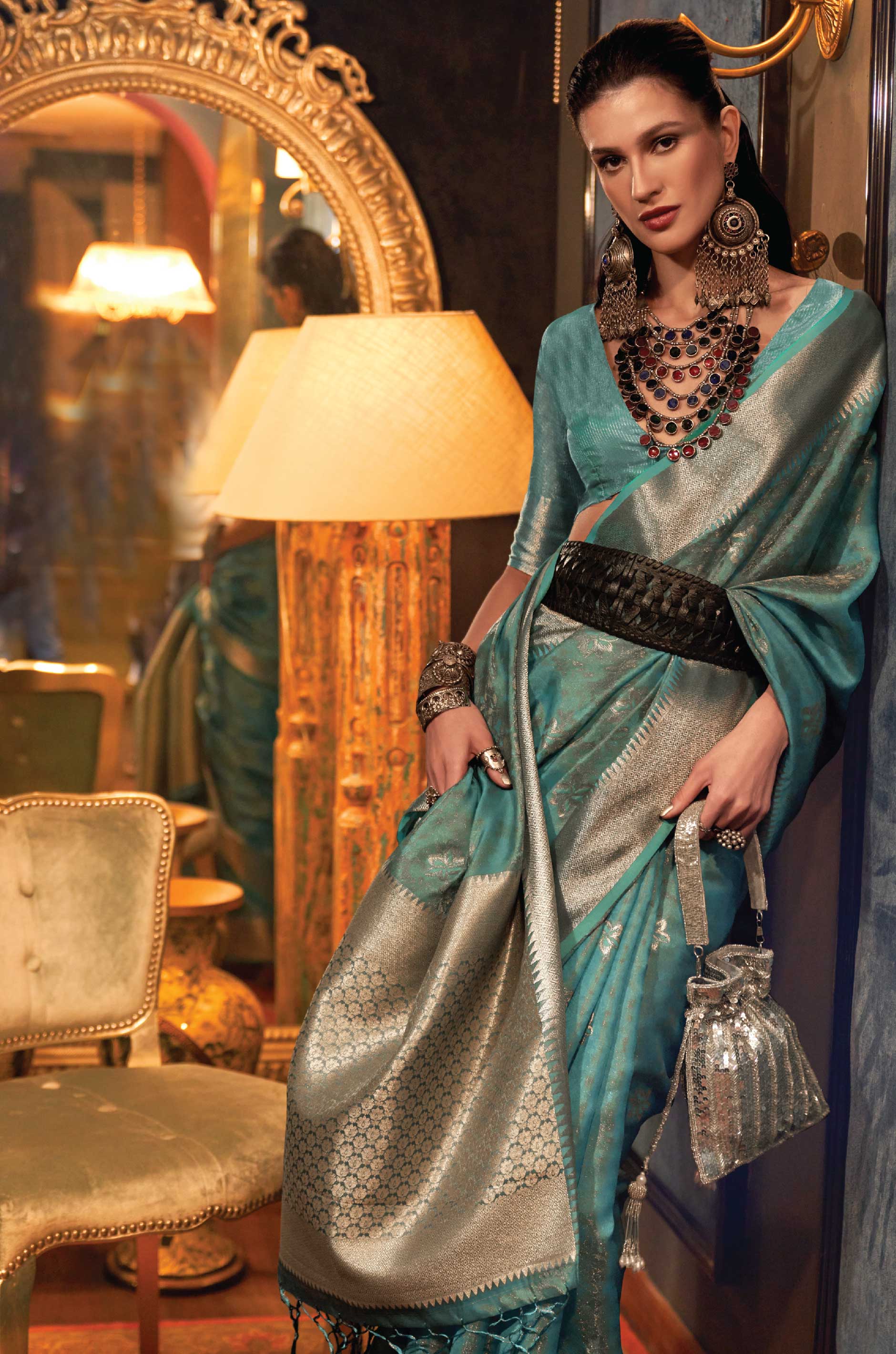 Teal Green Floral Two Tone Woven Organza Saree - Image 6
