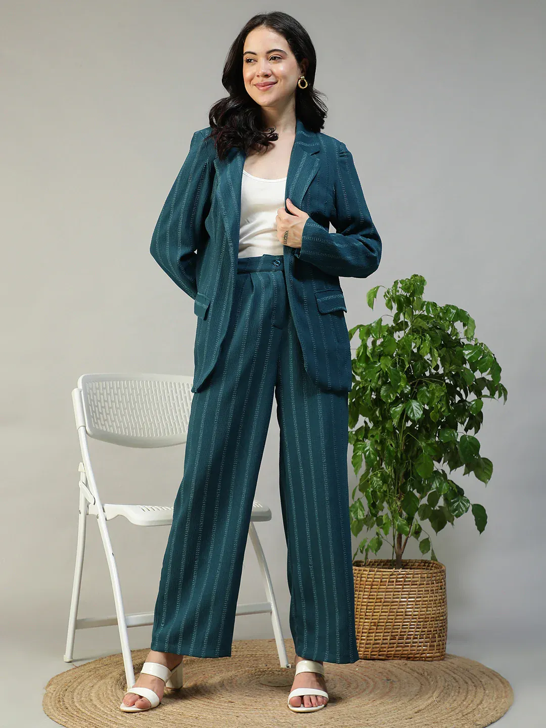 Teal Stripe Womenâs Co-ord Set | Blazer & Pants - Image 8