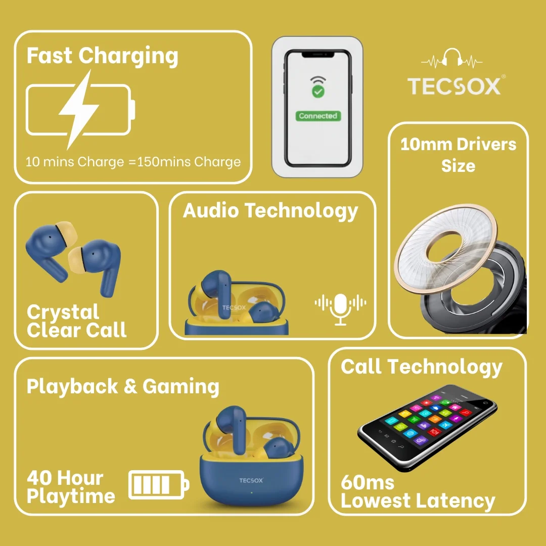 TecSox Wave Bluetooth Earbuds | Deep Bass | IPX water resistance - Image 23
