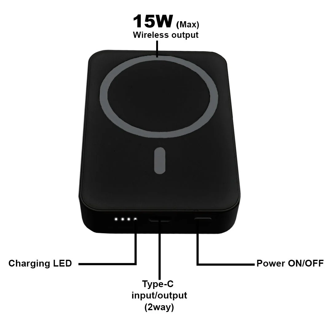 TexoVera 10000 mAh Wireless MagSafe Power Bank, 15W Wireless & 25W Wired, Lithium Polymer Battery - Black - Image 4