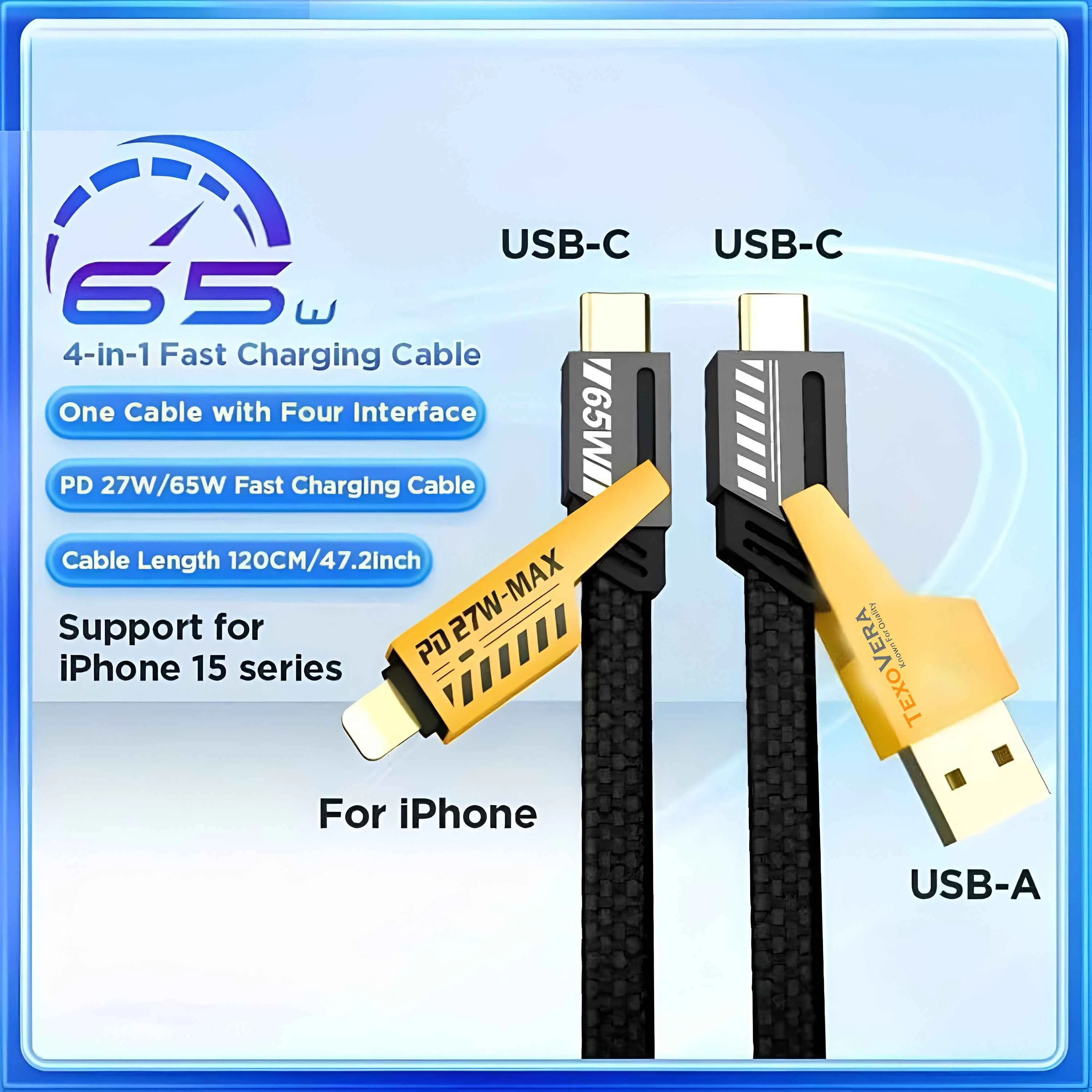 TexoVera 65W 4 in 1 Data Cable Fast Charging Cable, Compatible with iPhone, Samsung, OnePlus, Google Pixel, Laptop, Macbook - Image 3