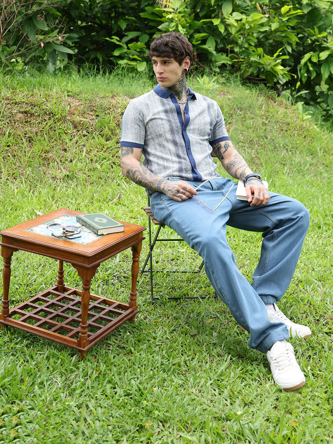 Textured Cotton Blend Cuban Collar Shirt With Vertical Stripes - Image 13