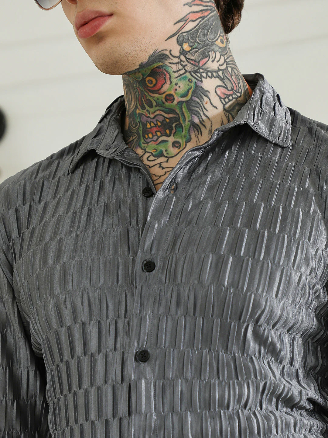 Textured Grey Slim Fit Full Sleeve Shirt - Image 7