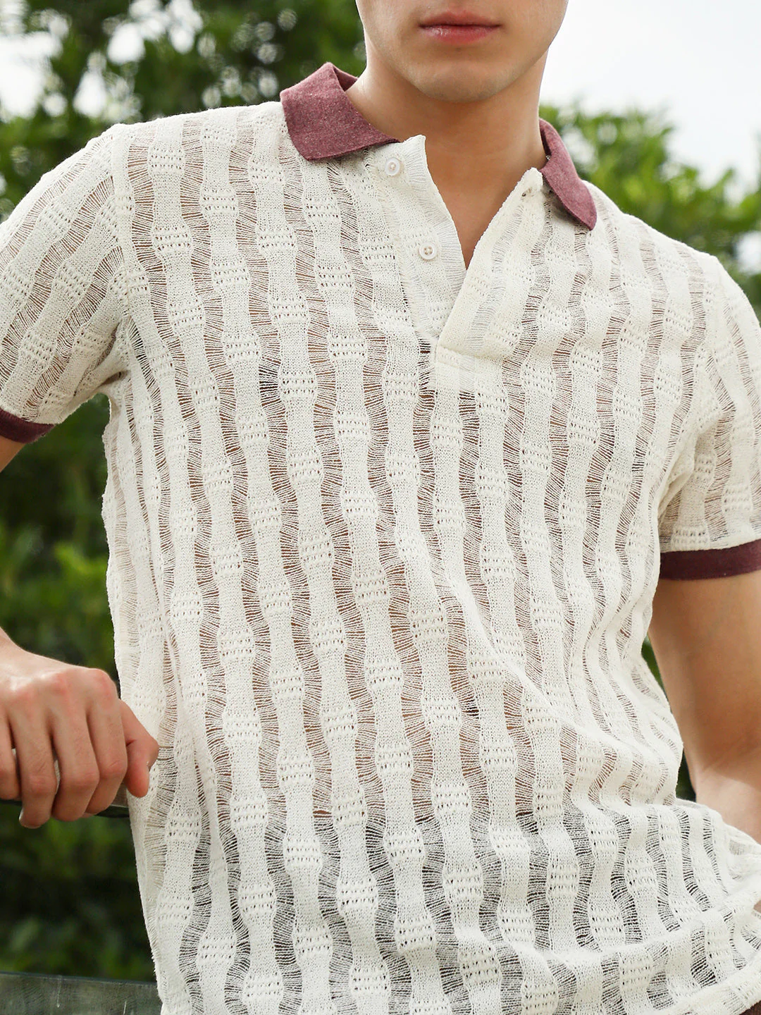 Textured Knit Polo T-Shirt with Contrast Collar and Cuffs - Image 7