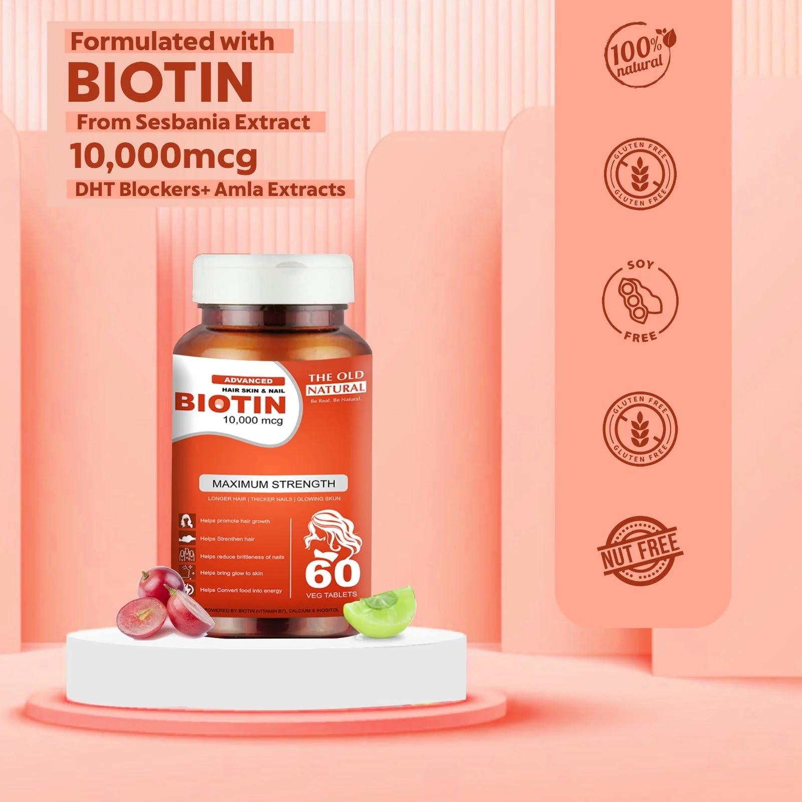The Old Natural Biotin 10000mcg Enhanced Hair, Skin & Nails Health Veg Tablets for Radiant Beauty & Vitality (60 Tablets) (Pack of 1) - Image 4