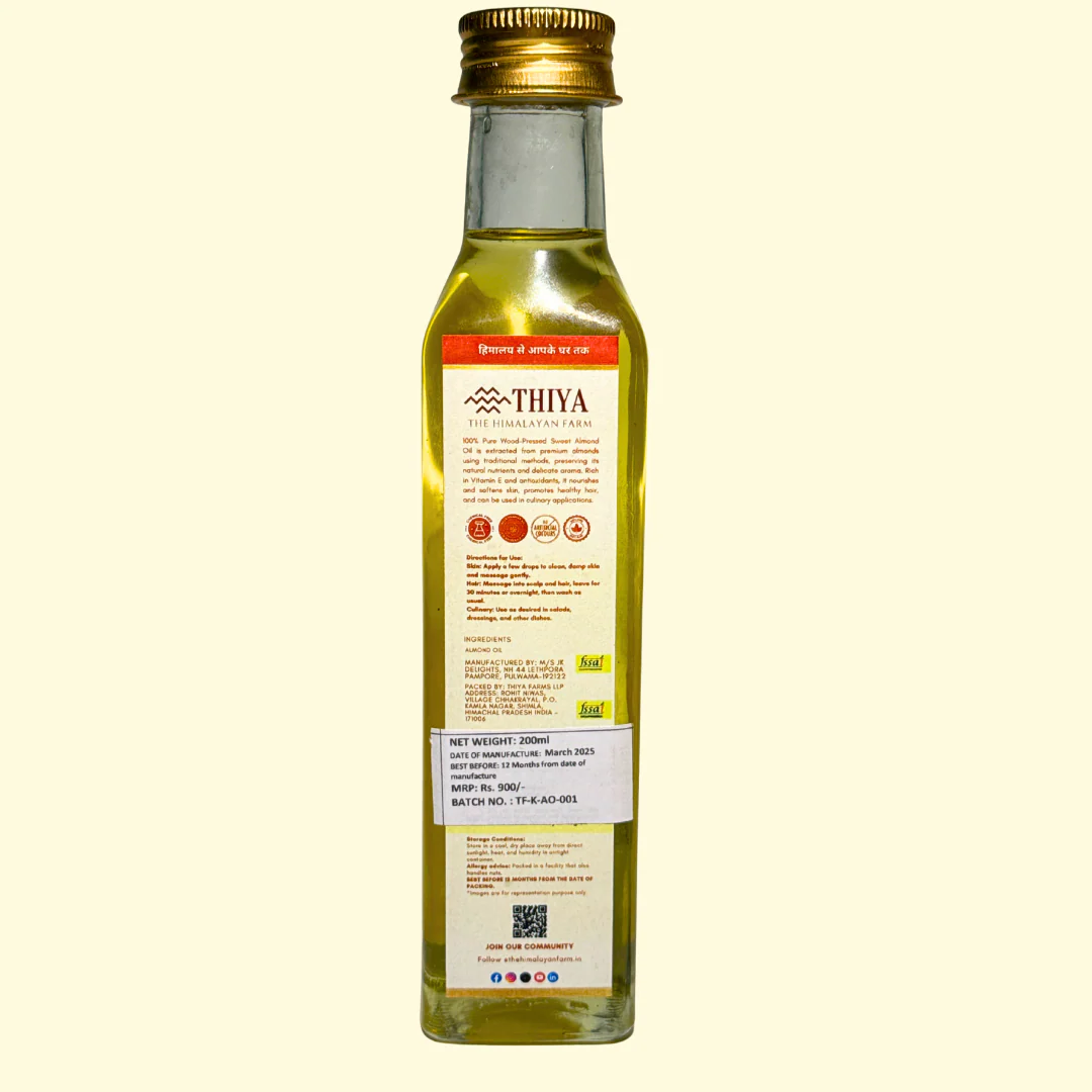 Thiya Cold Pressed Almond Oil (Wood Pressed) | Made from Kashmiri Mamra Almonds  | Natural | Edible & Topical  | Kashmir's Finest | 200ml - Image 2