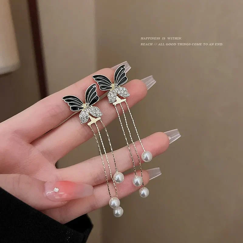 Three Pearl Butterfly Golden Drop Earring — Buy Any 5 for Rs. 599 - Image 3