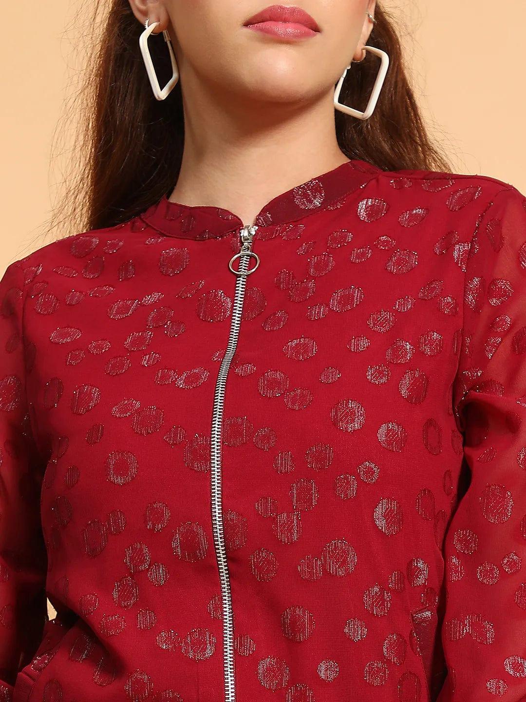 Thrilling Maroon Round Neck Long Sleeve Zip Lined Lace Detail Women Winter Wear Jacket - Image 6