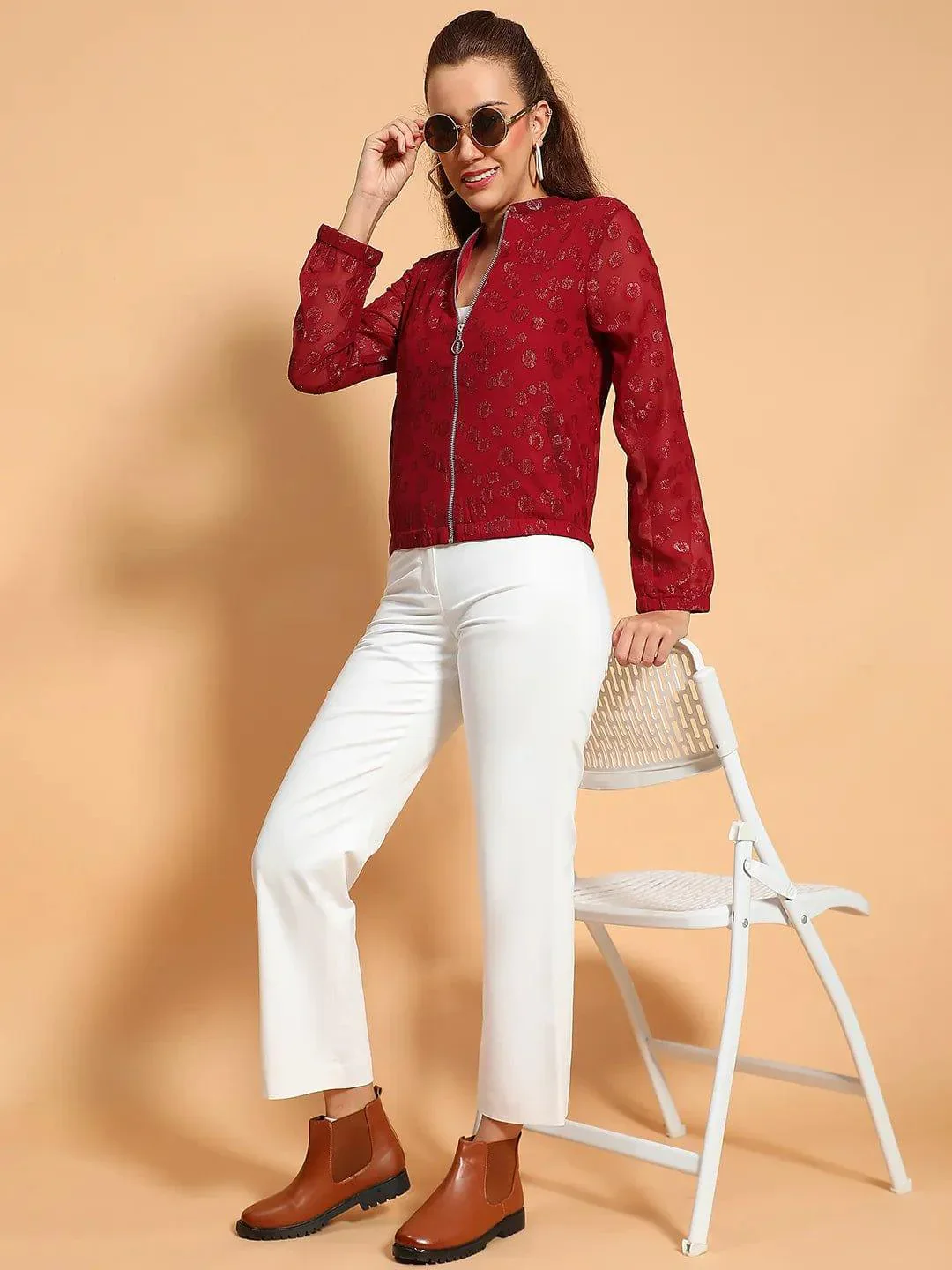 Thrilling Maroon Round Neck Long Sleeve Zip Lined Lace Detail Women Winter Wear Jacket - Image 7
