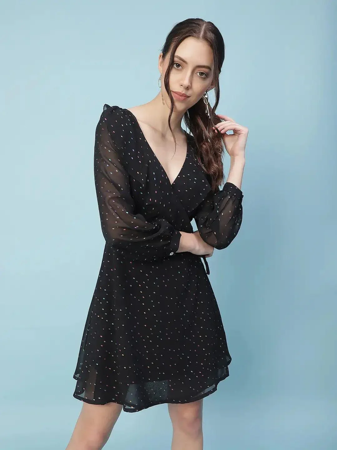 Thunder Black Multicolor Foil Print Party Wrap Women Dress - Image 4