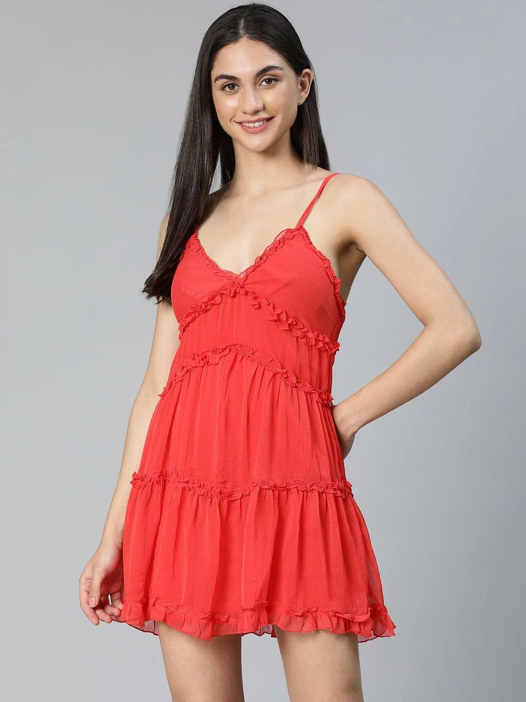 Tickle Red Ruffled Women Nightwear Comfy Dress For Stylish Look