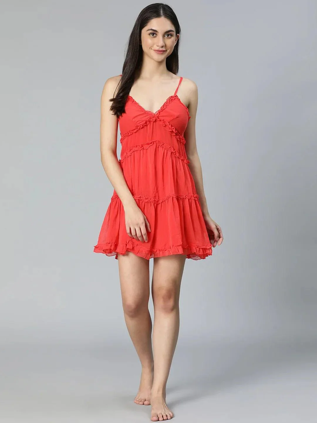 Tickle Red Ruffled Women Nightwear Comfy Dress For Stylish Look - Image 7