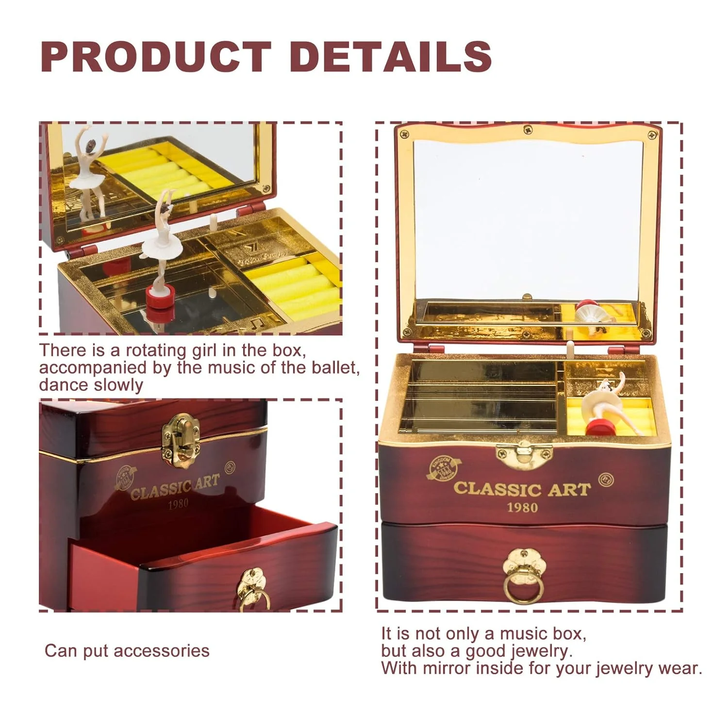 Tinkle: Wind-Up Musical Ballerina Jewelry Box with Mirror, Drawer & Elegant Spinning Dance Design - Image 4