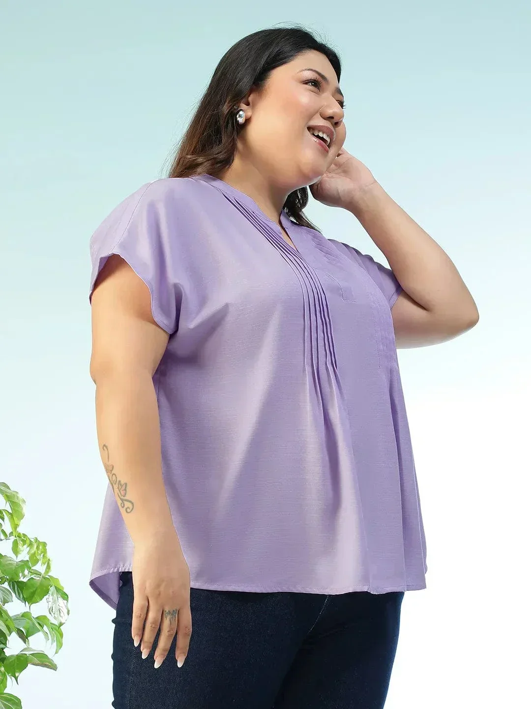 Tint Solid Purple Pleated Flutter Short Sleeve Plus Size Women Top - Image 4