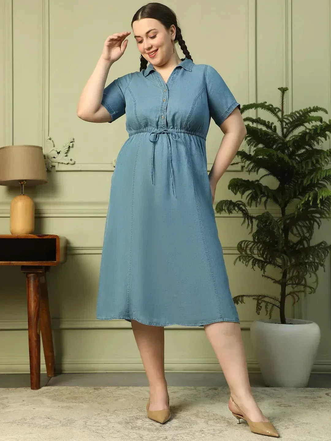 Touchy Light Blue Collared Button Down Short Sleeve Elasticated Tie-Up Belt Long Denim Plus Size Women Cotton Dress - Image 3
