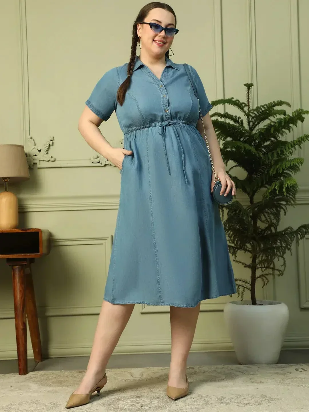 Touchy Light Blue Collared Button Down Short Sleeve Elasticated Tie-Up Belt Long Denim Plus Size Women Cotton Dress - Image 9