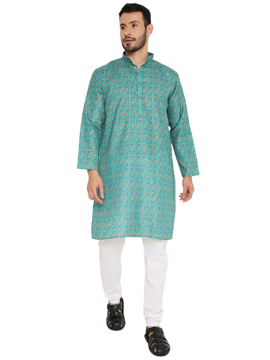 Traditional Print Linen Kurta in Green