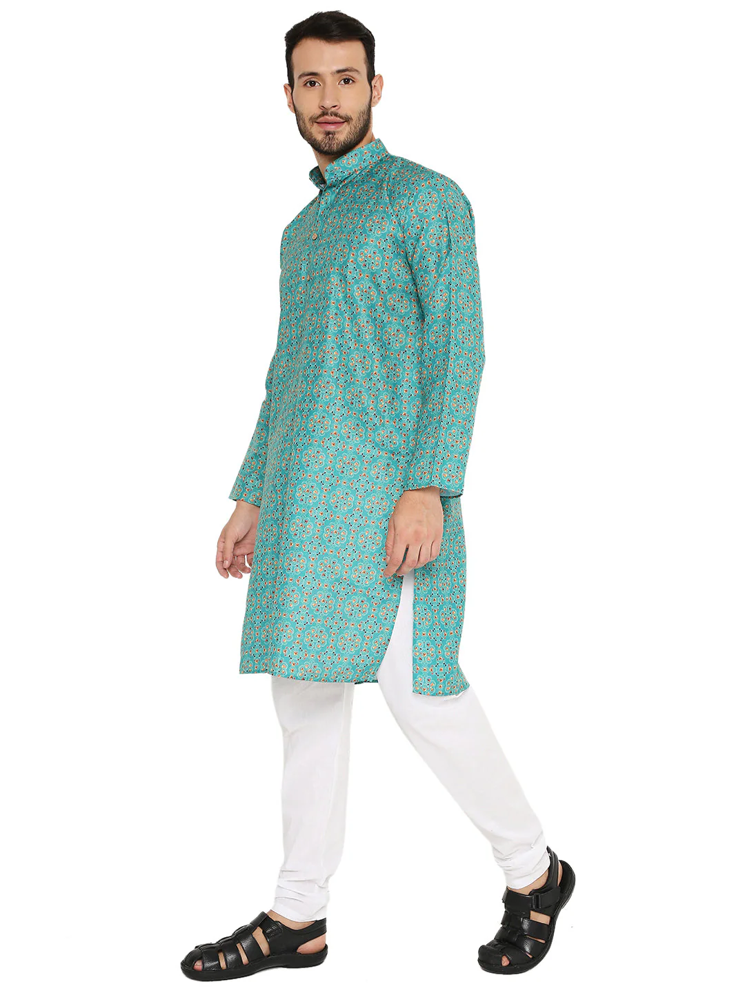 Traditional Print Linen Kurta in Green - Image 2