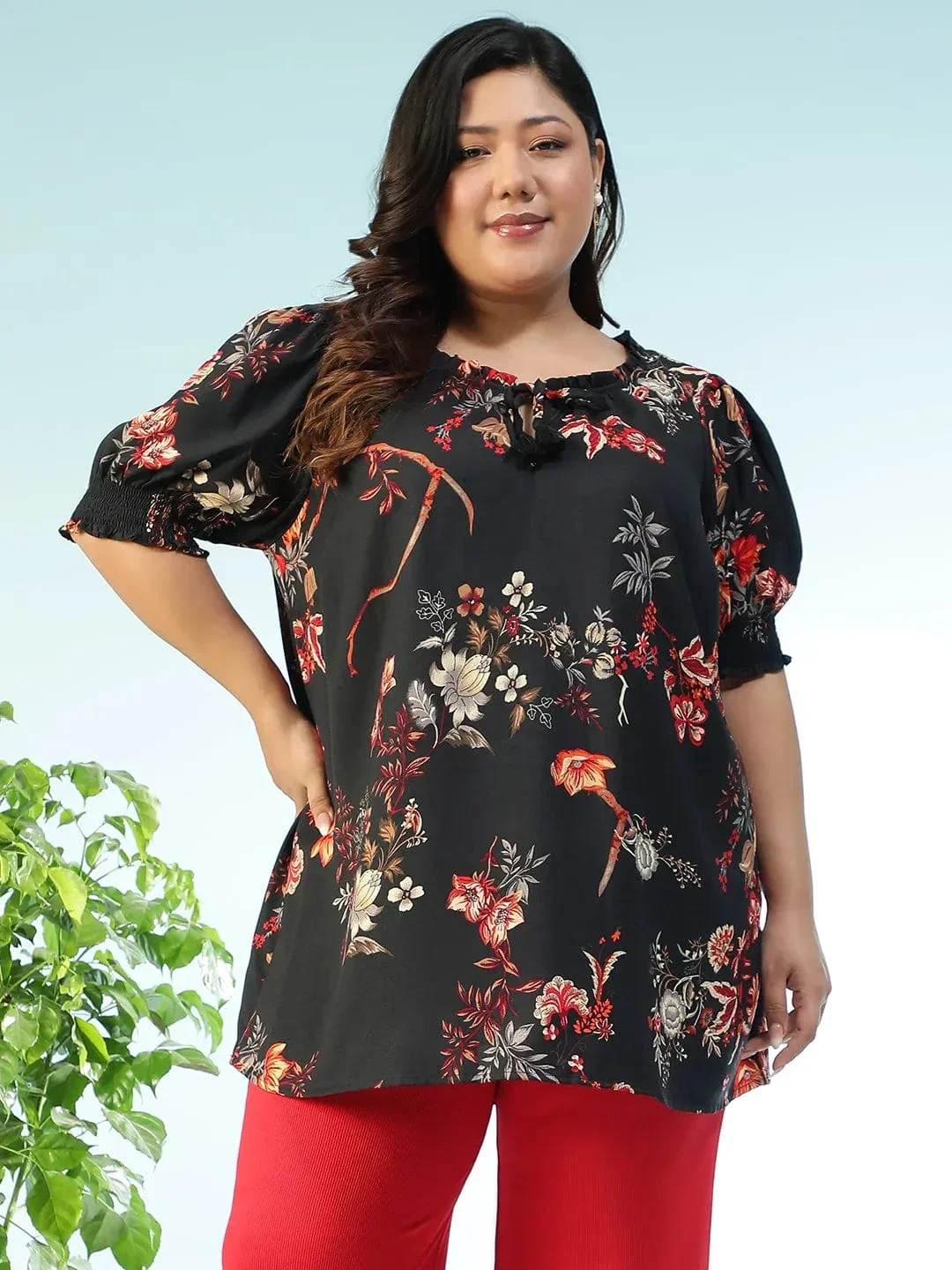 Trendload Black Floral Print Ruffle & Tie -Up Detail Short Sleeve Plus Size Women Top