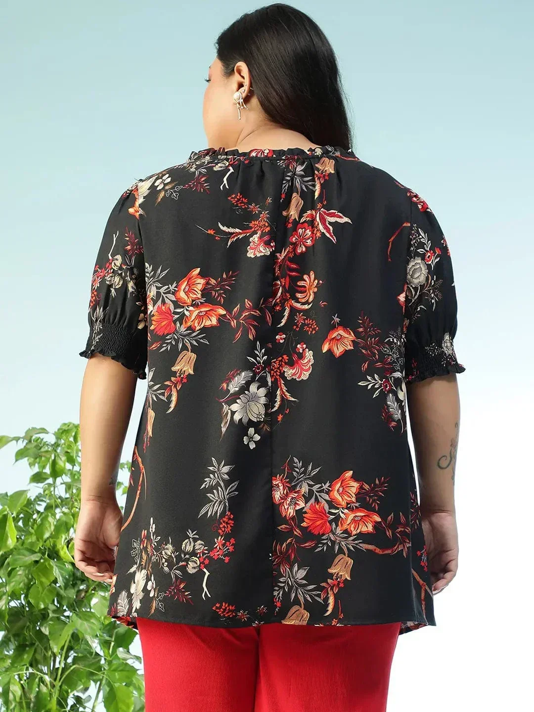 Trendload Black Floral Print Ruffle & Tie -Up Detail Short Sleeve Plus Size Women Top - Image 5