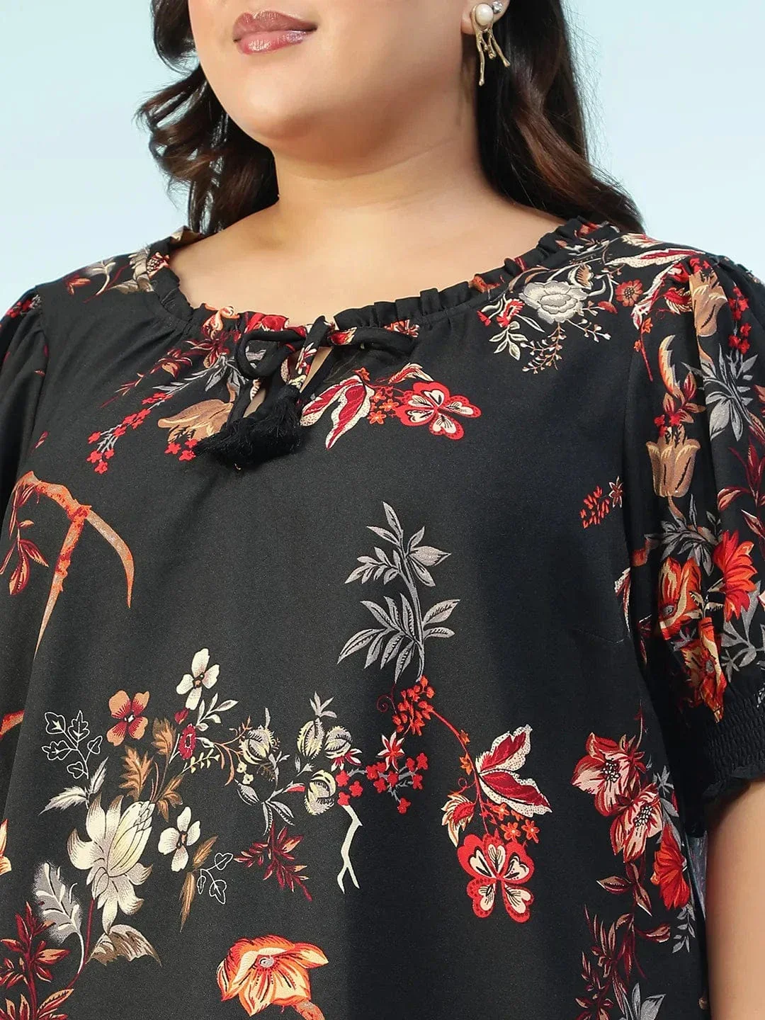 Trendload Black Floral Print Ruffle & Tie -Up Detail Short Sleeve Plus Size Women Top - Image 6