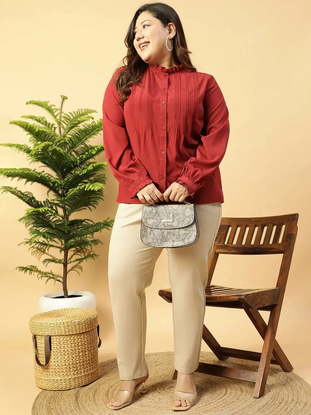 Trendy Maroon Long Sleeve Button Down Plus Size Women Shirt - Image 8