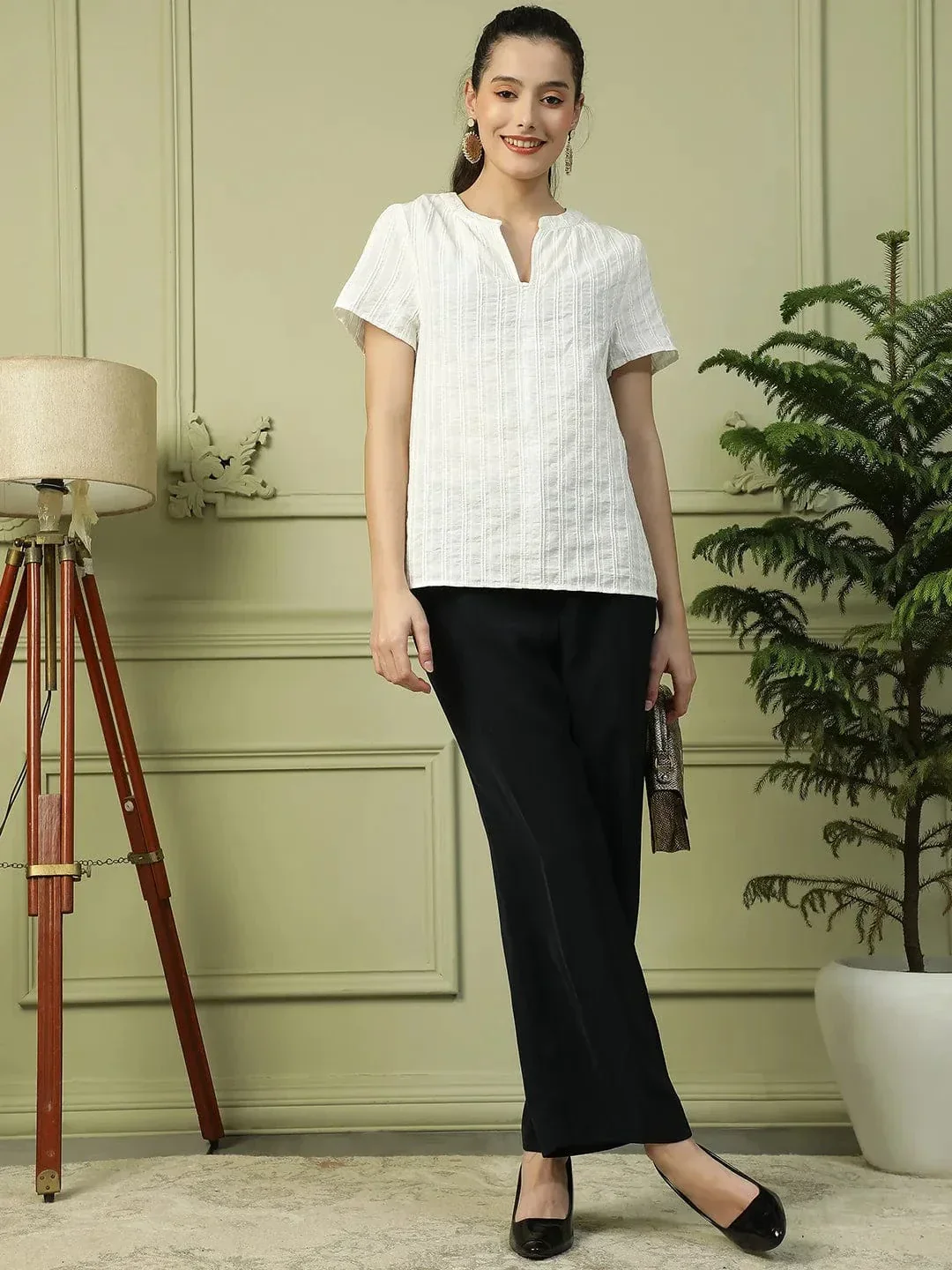 Tuned White V-Neck Short Sleeve Cotton Dobby Women Top - Image 7