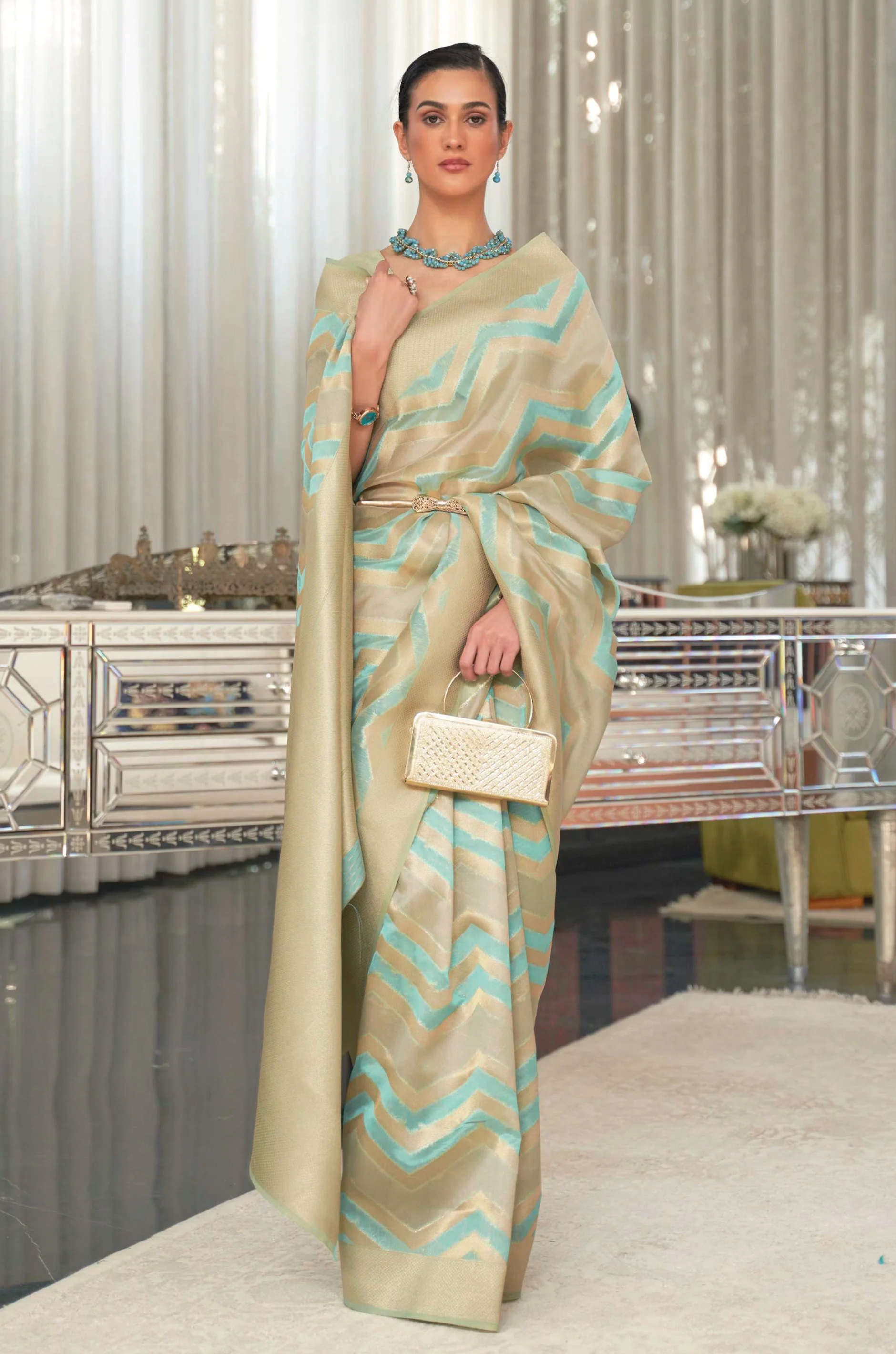 Turquoise Blue Golden Woven Organza Saree