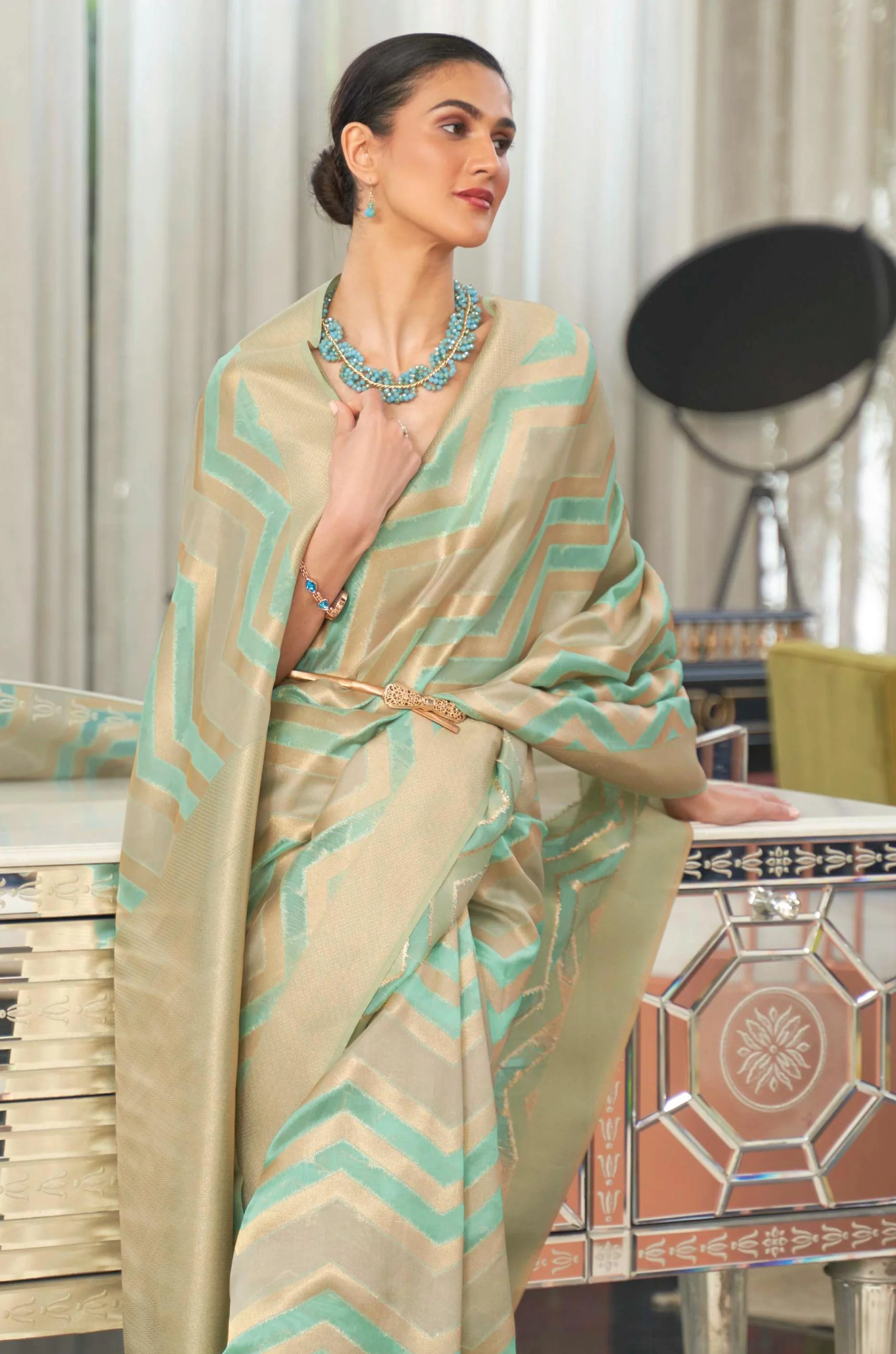 Turquoise Blue Golden Woven Organza Saree - Image 5
