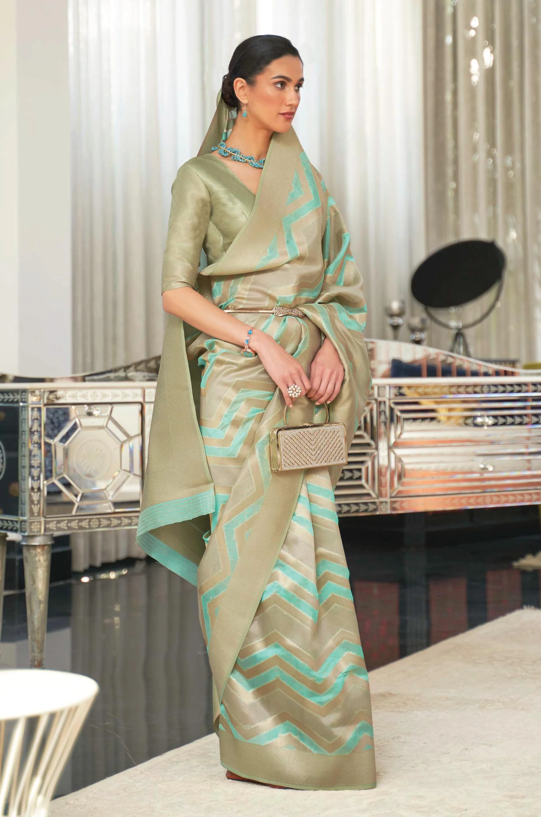 Turquoise Blue Golden Woven Organza Saree - Image 6