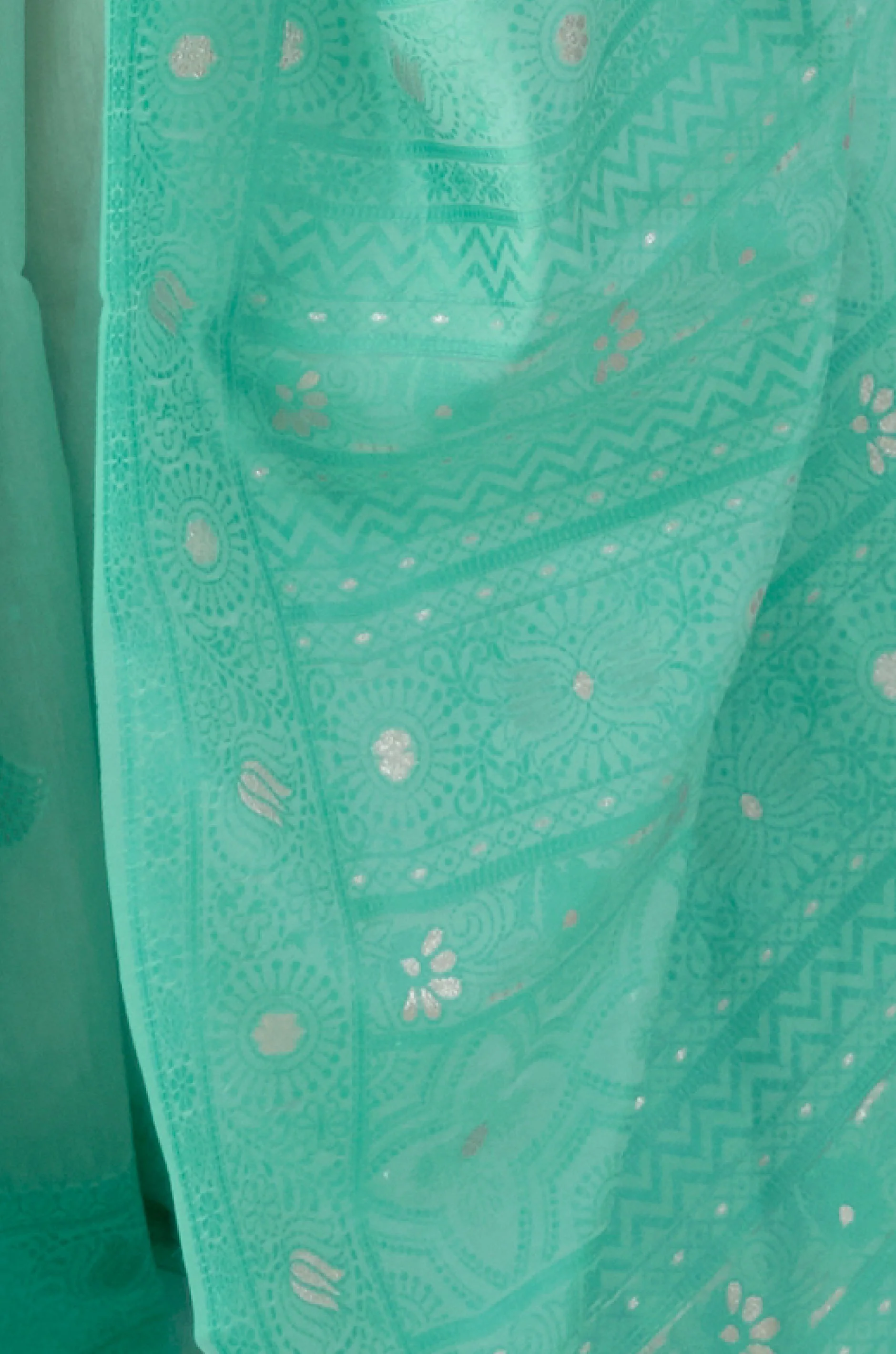 Turquoise Blue Woven Chikankari Banarasi Saree - Image 2