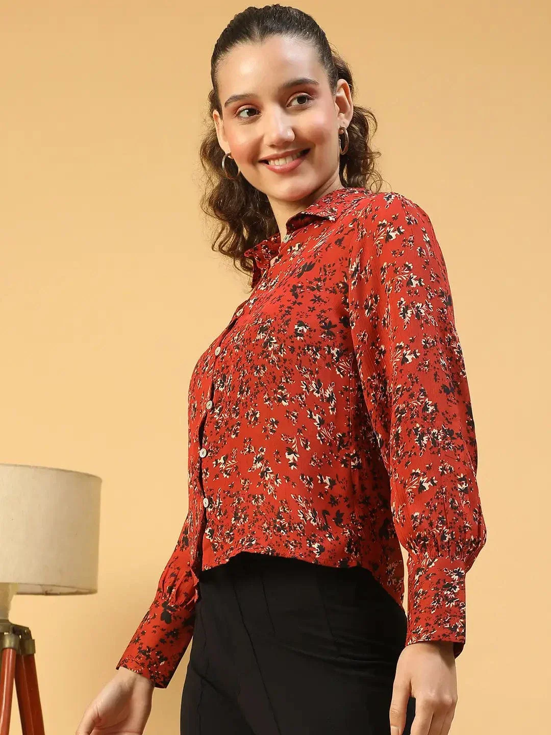 Tweed Marron Floral Print Collared Long Sleeve Button Down Women Satin Shirt - Image 3