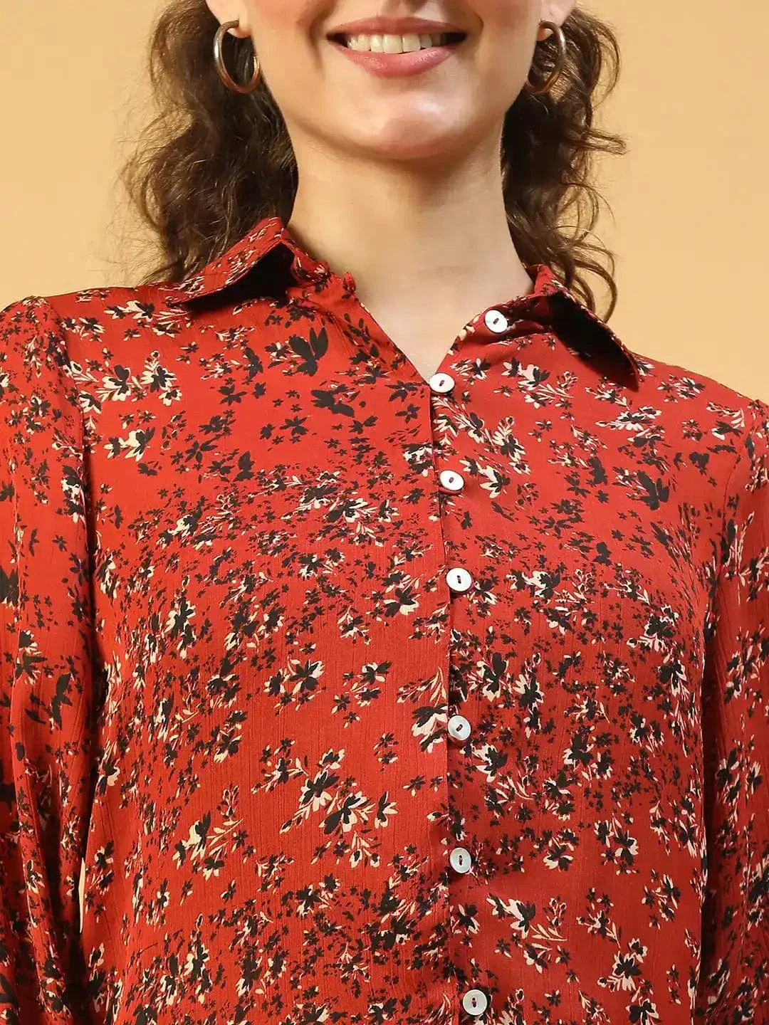 Tweed Marron Floral Print Collared Long Sleeve Button Down Women Satin Shirt - Image 5