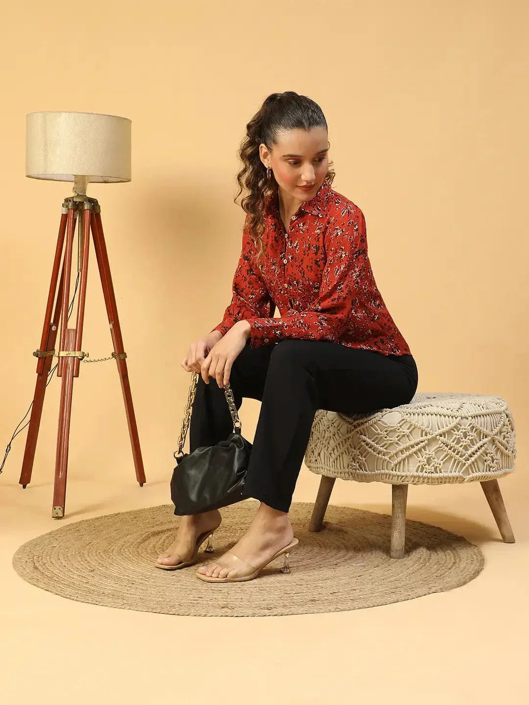 Tweed Marron Floral Print Collared Long Sleeve Button Down Women Satin Shirt - Image 8