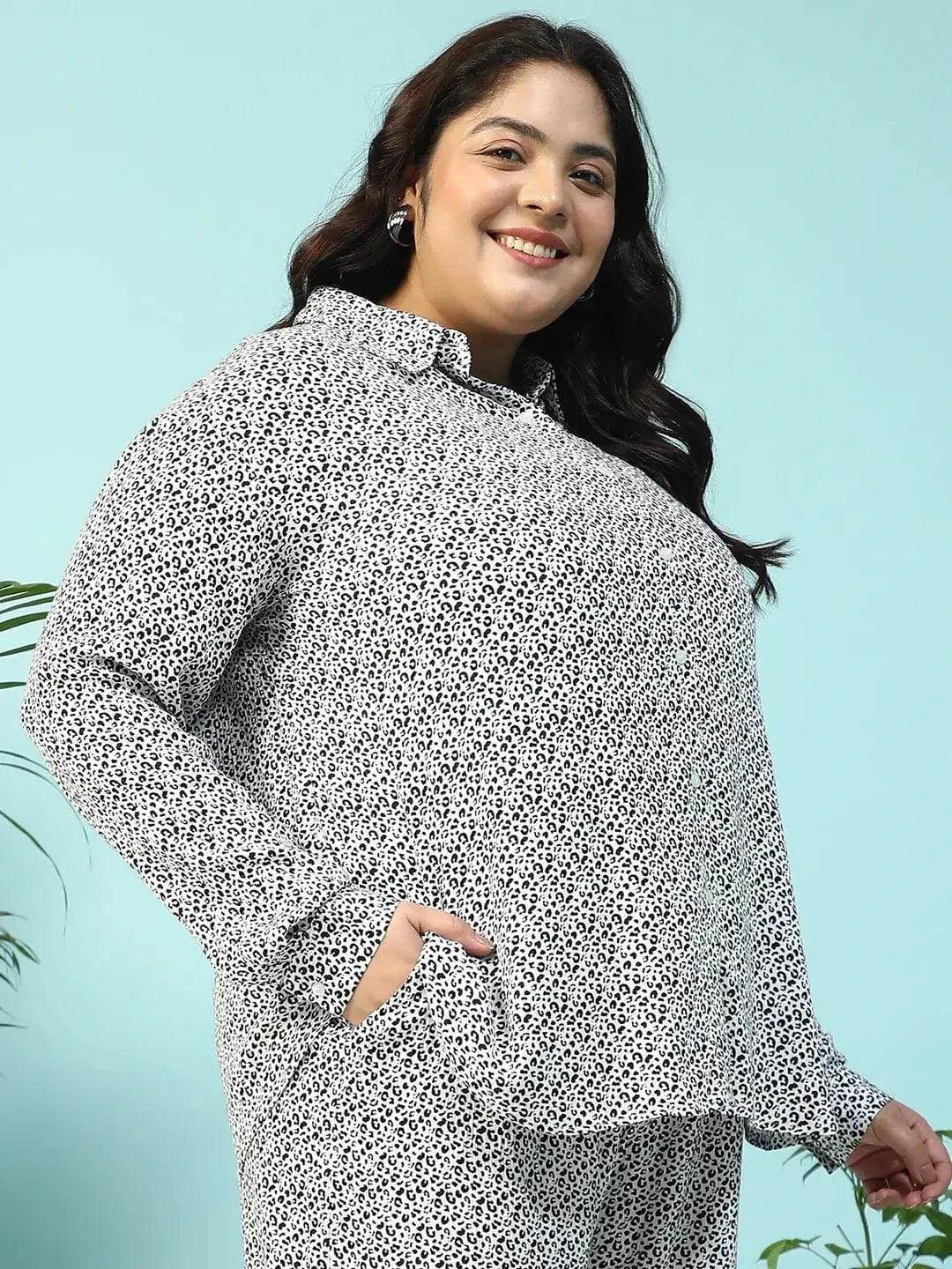 Twilight Black Animal Print Collared Long Sleeve Button Down Women Plus Size Women Shirt - Image 4
