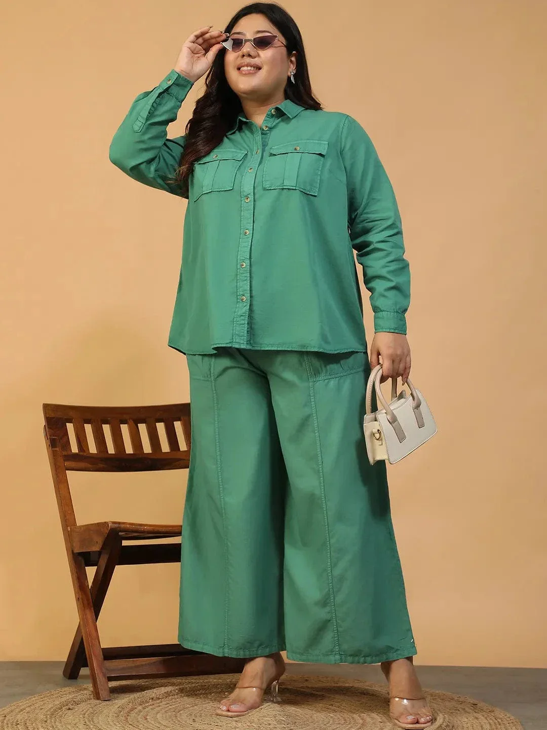 Twirlpop Green Elasticated With Tie-Up Detail Plus Size Women Long Cotton Pant - Image 7