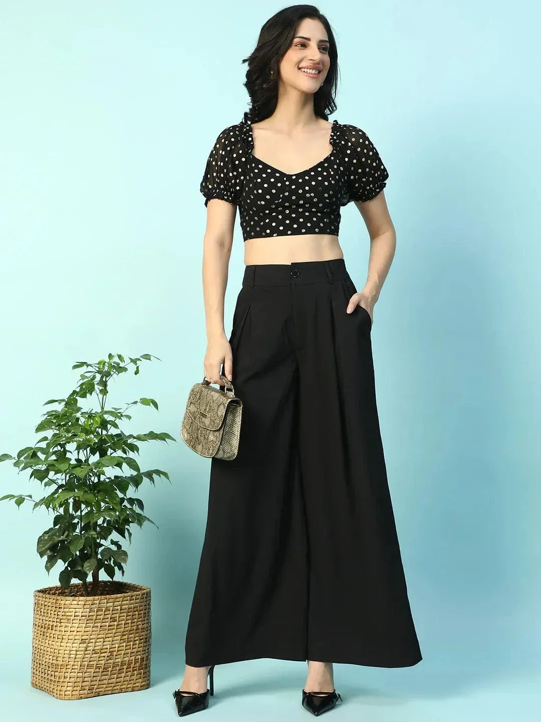 Twisted Black Lurex Print Smocking Detail Women Partywear Crop Top - Image 7