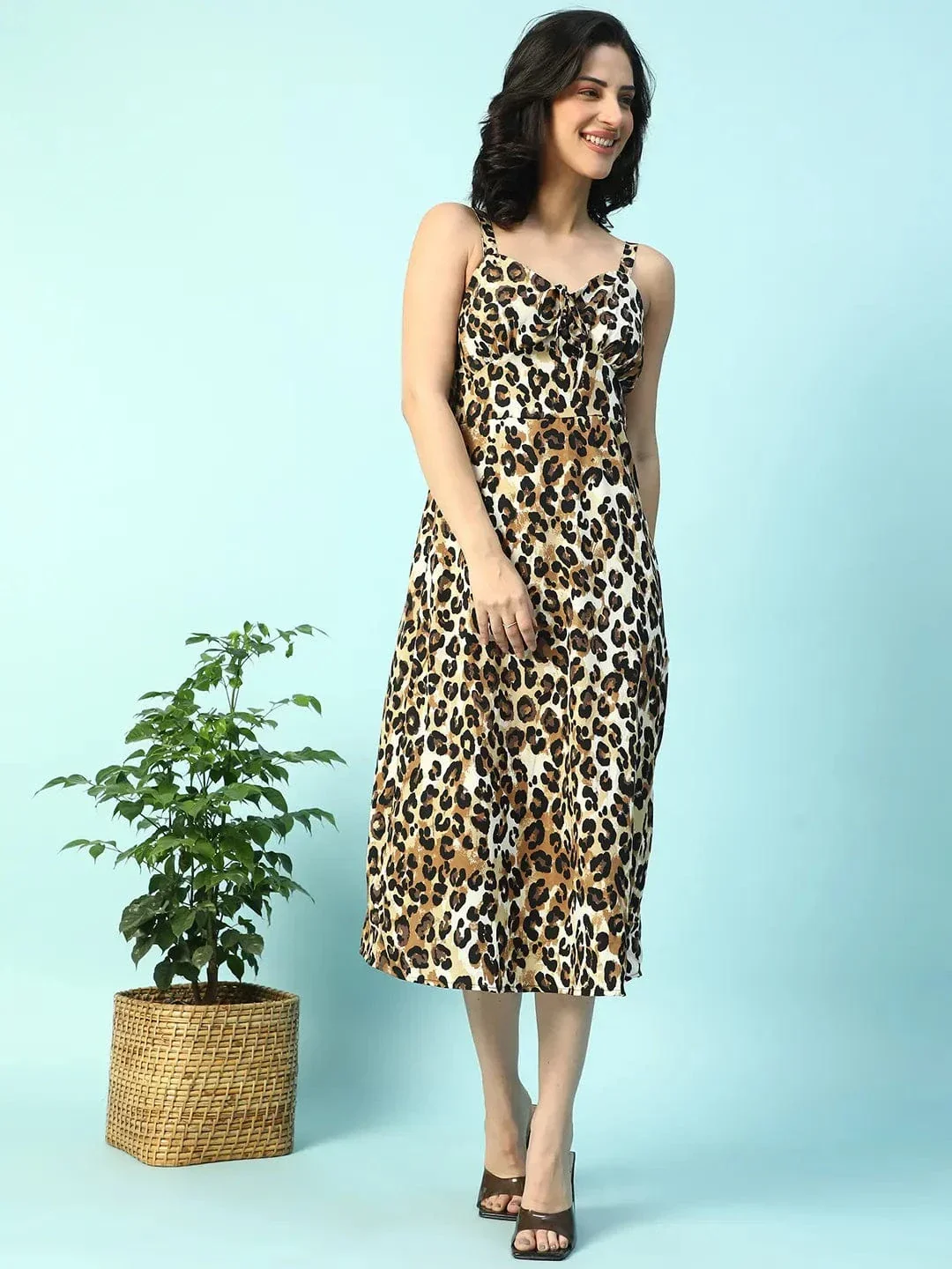 Twril Brown Animal Print Shoulder Strap Sleeveless Women Satin Dress - Image 2