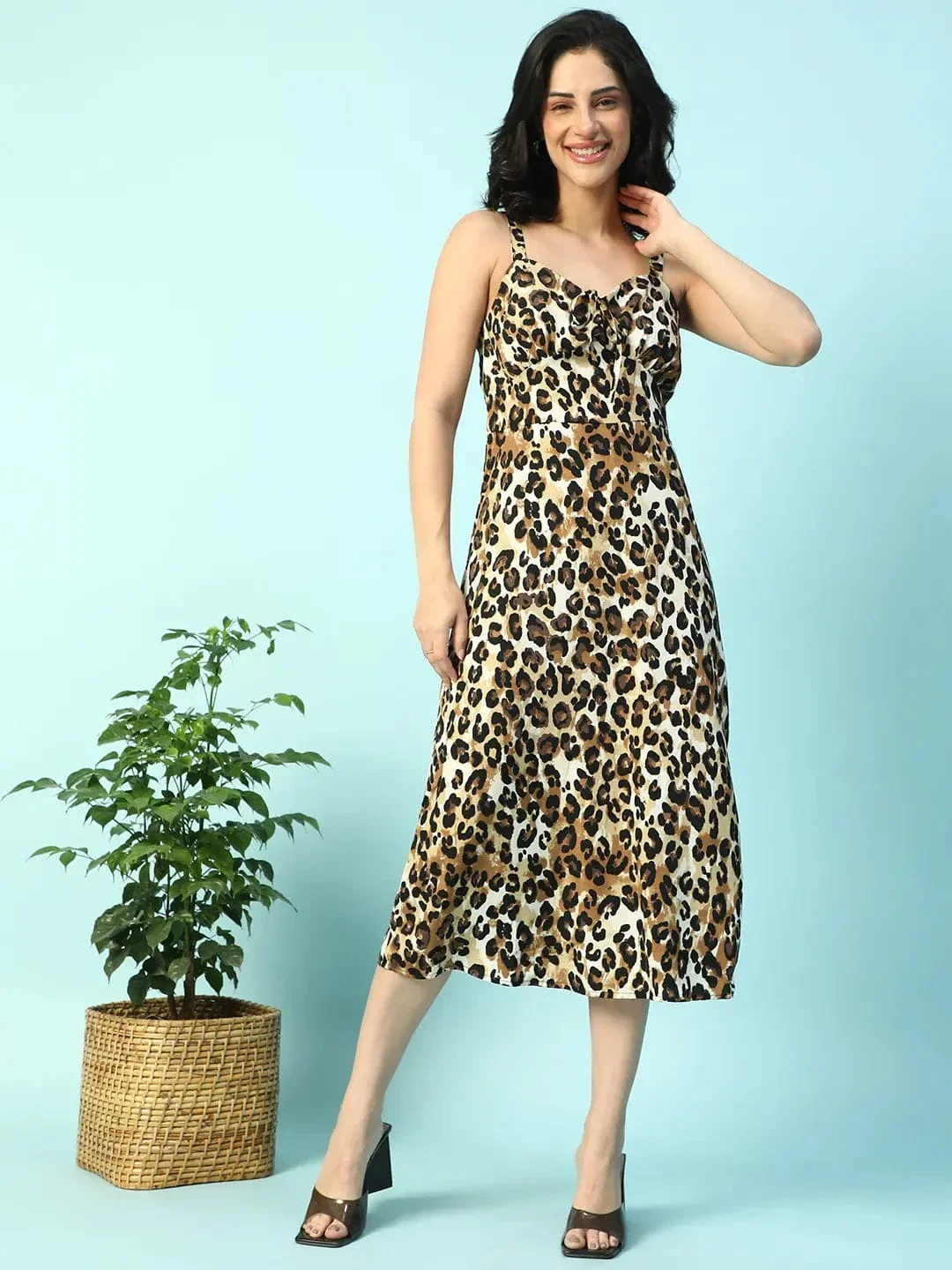 Twril Brown Animal Print Shoulder Strap Sleeveless Women Satin Dress - Image 3
