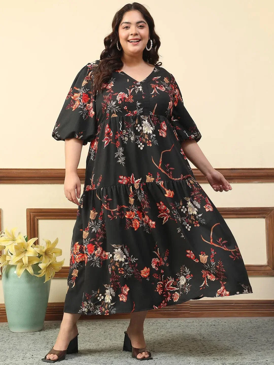 Typical Black Floral Print Short Balloon Sleeve Plus Size Women Long Maxi Dress - Image 2