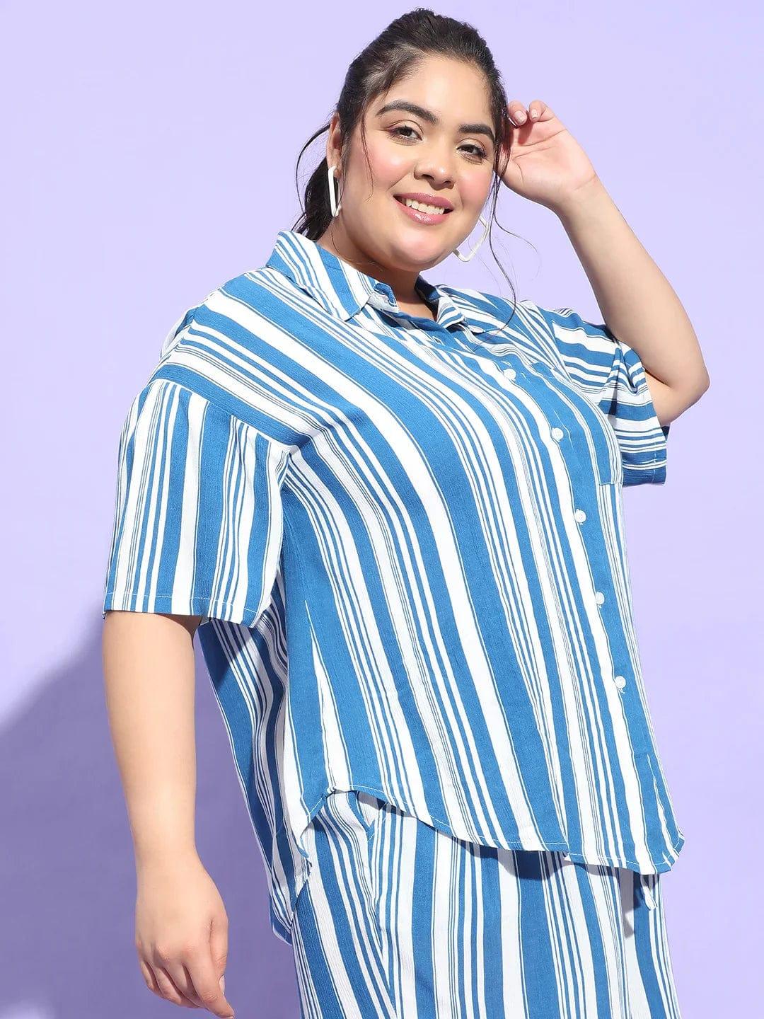 Typical Blue Stripe Print Button Down Plus Size Shirt - Image 3
