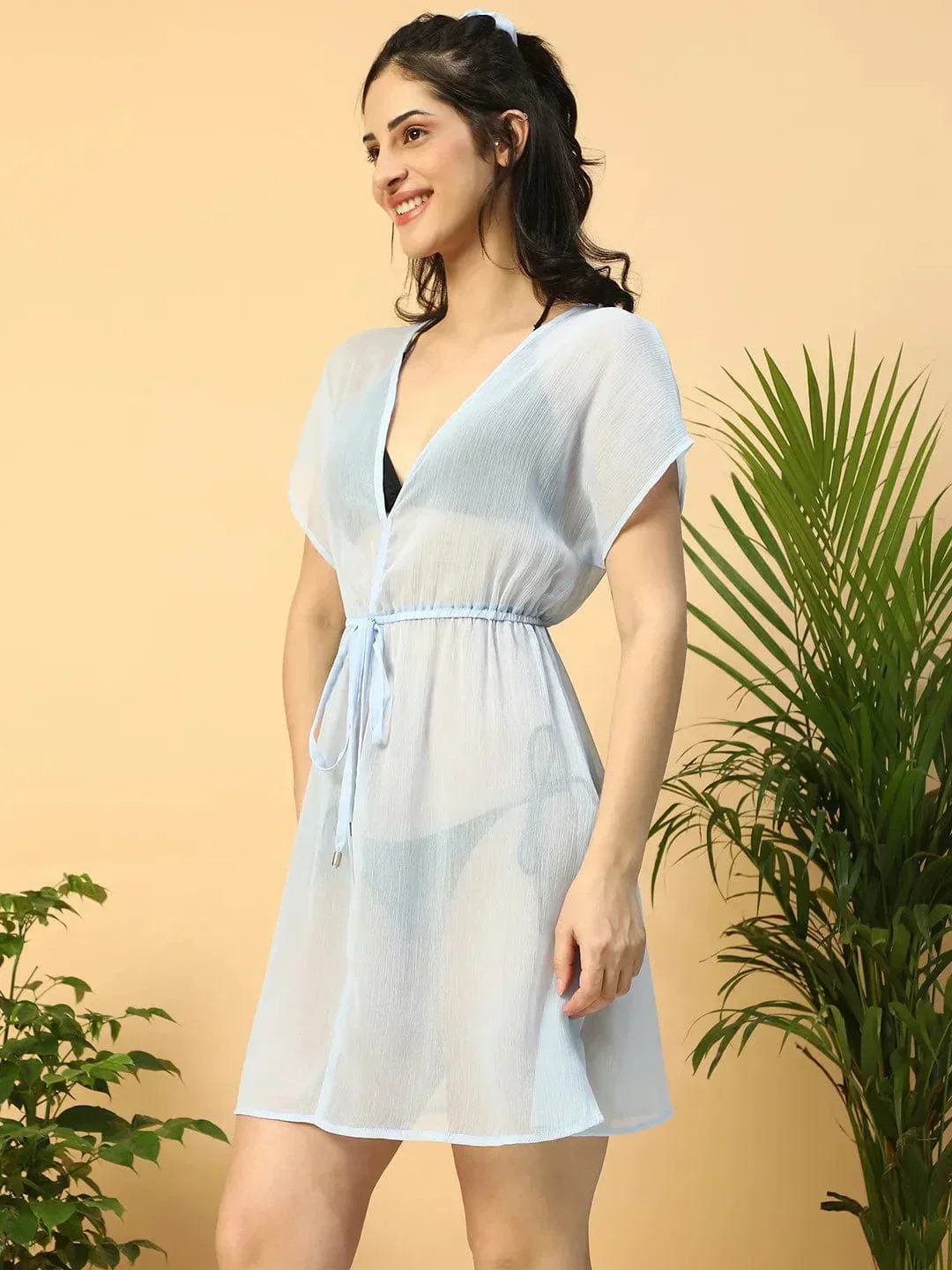 Ultra-modern Solid Blue Short Elasticated Tie-Up Detail Women Beachwear Kaftan - Image 4