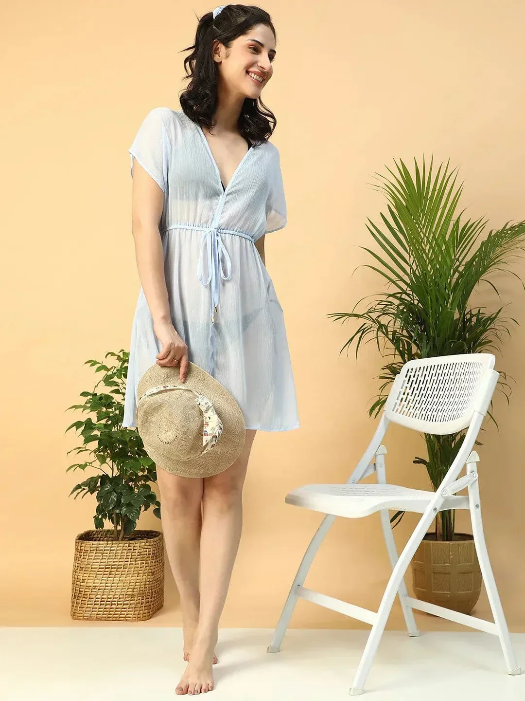Ultra-modern Solid Blue Short Elasticated Tie-Up Detail Women Beachwear Kaftan - Image 8
