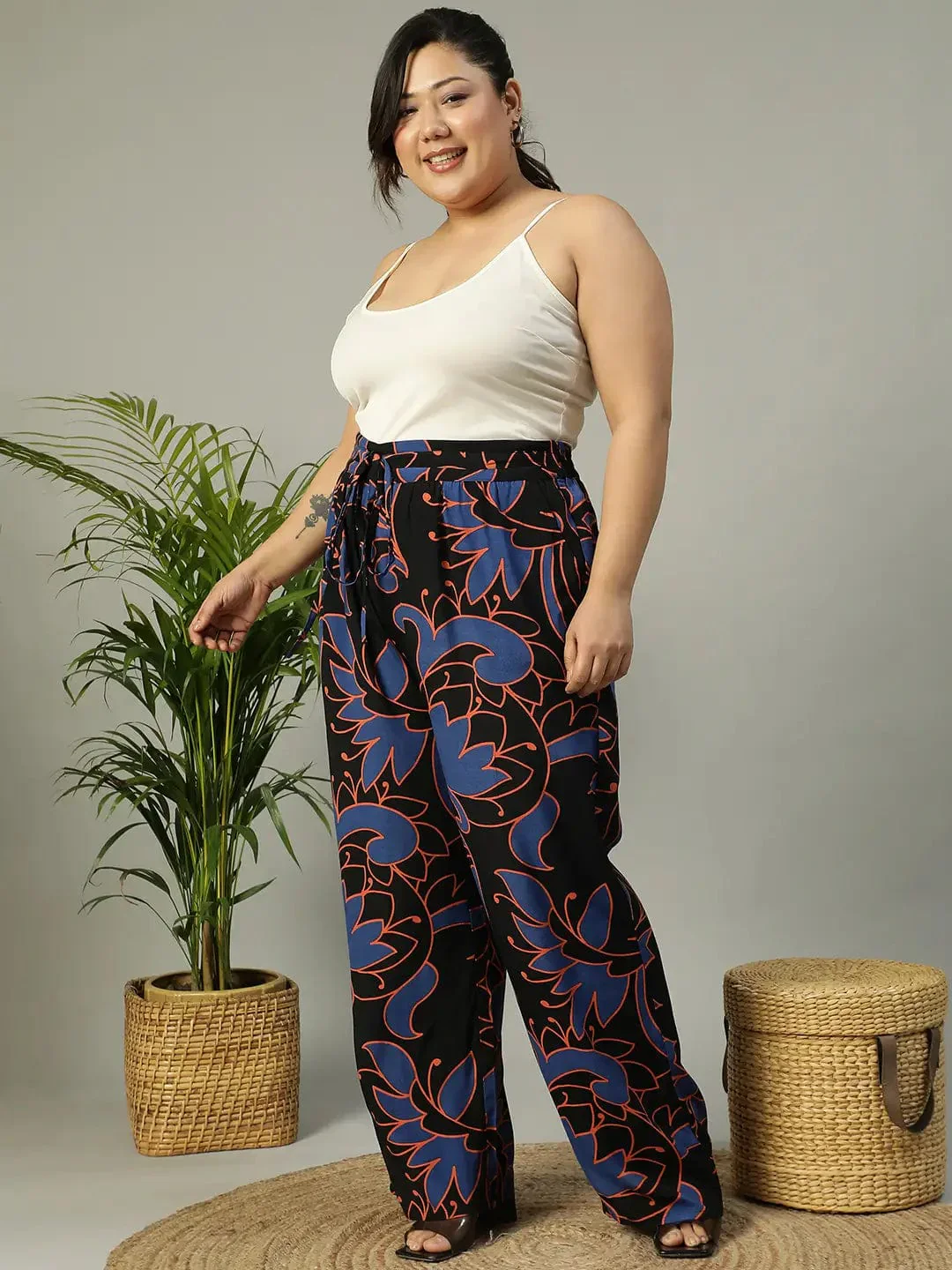 Upfront Black Floral rayon Print Elasticated Plus Size Women Pant - Image 2
