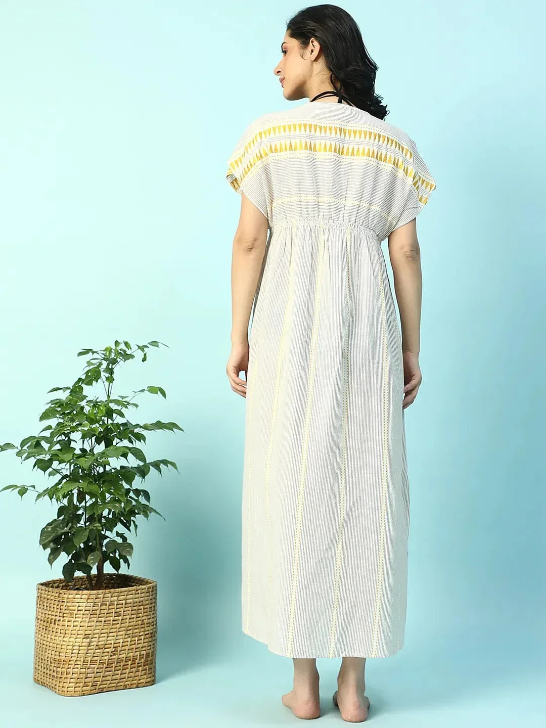 Urban Beige Elasticated V-Neck Short Sleeve Women Beachwear Cotton Dress - Image 6