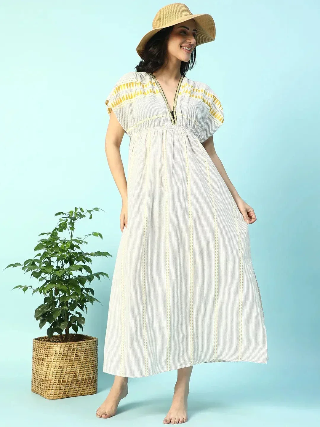 Urban Beige Elasticated V-Neck Short Sleeve Women Beachwear Cotton Dress - Image 8