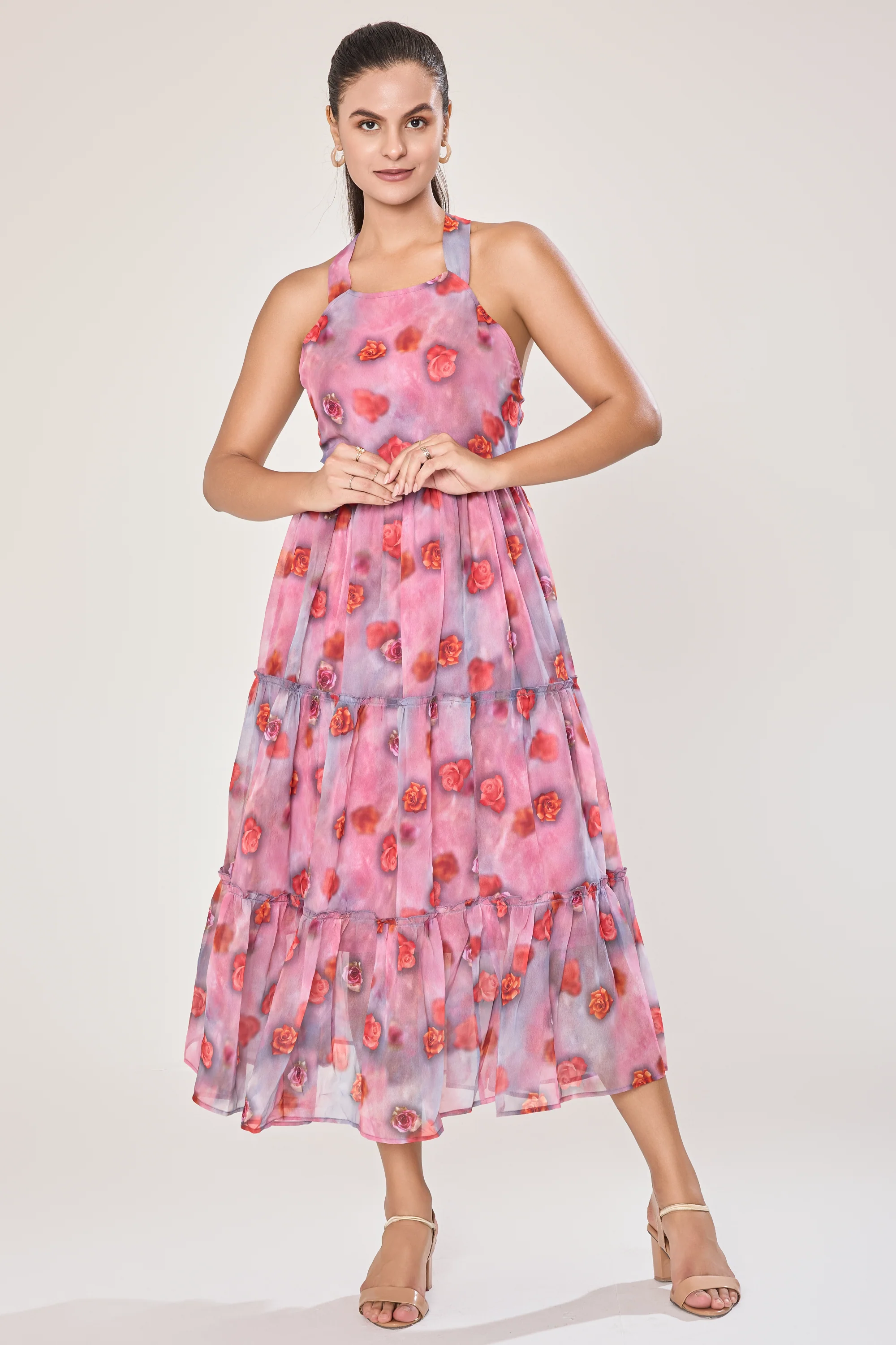 Urban Sundari Floral Georgette Ankle Length Dress with Halter Neck