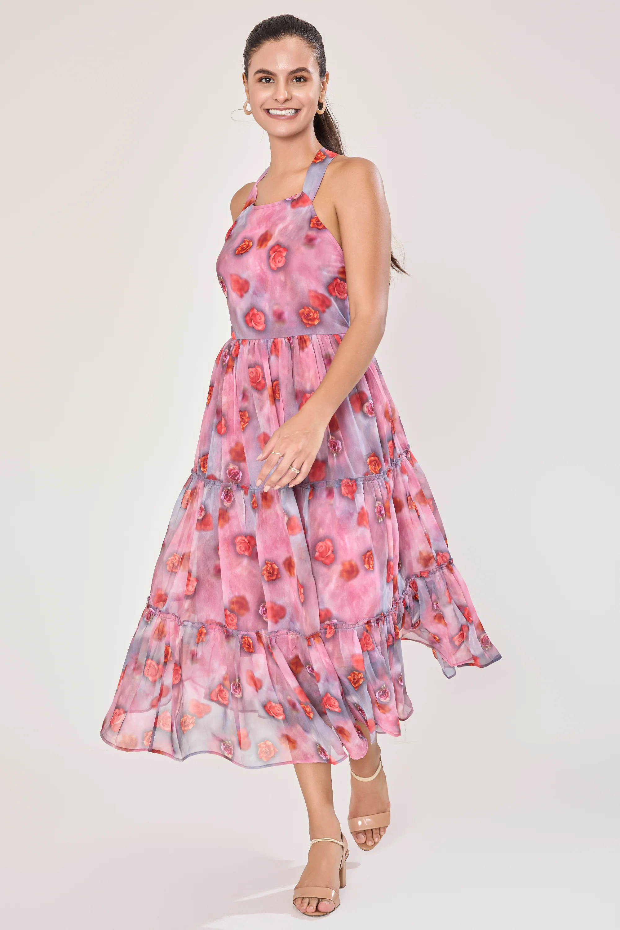 Urban Sundari Floral Georgette Ankle Length Dress with Halter Neck - Image 3